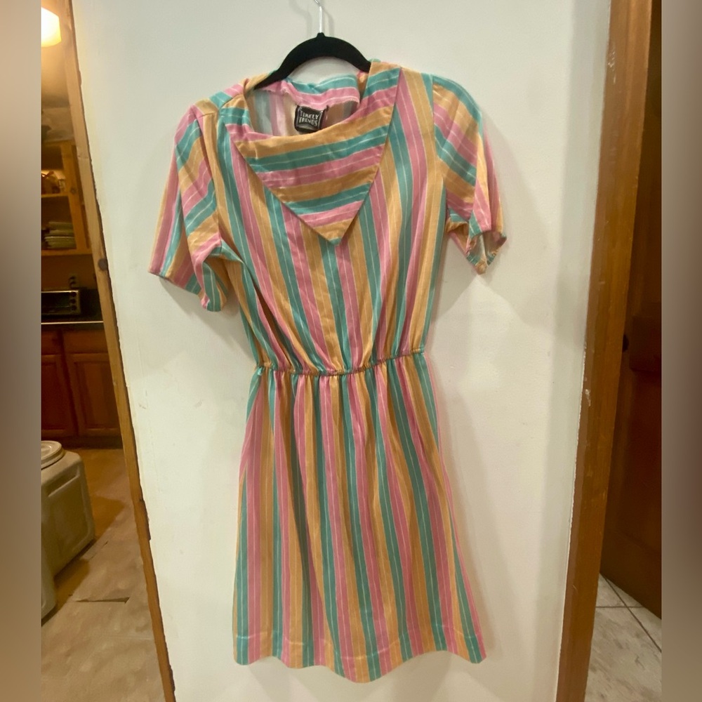Vintage 80s Pastel Striped Sailor Collar Dress Kidcore Candy Striper Small